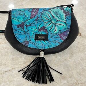Pineda Covalin Black Leather Crossbody Bag Floral Turquoise Silk Flap Tassel